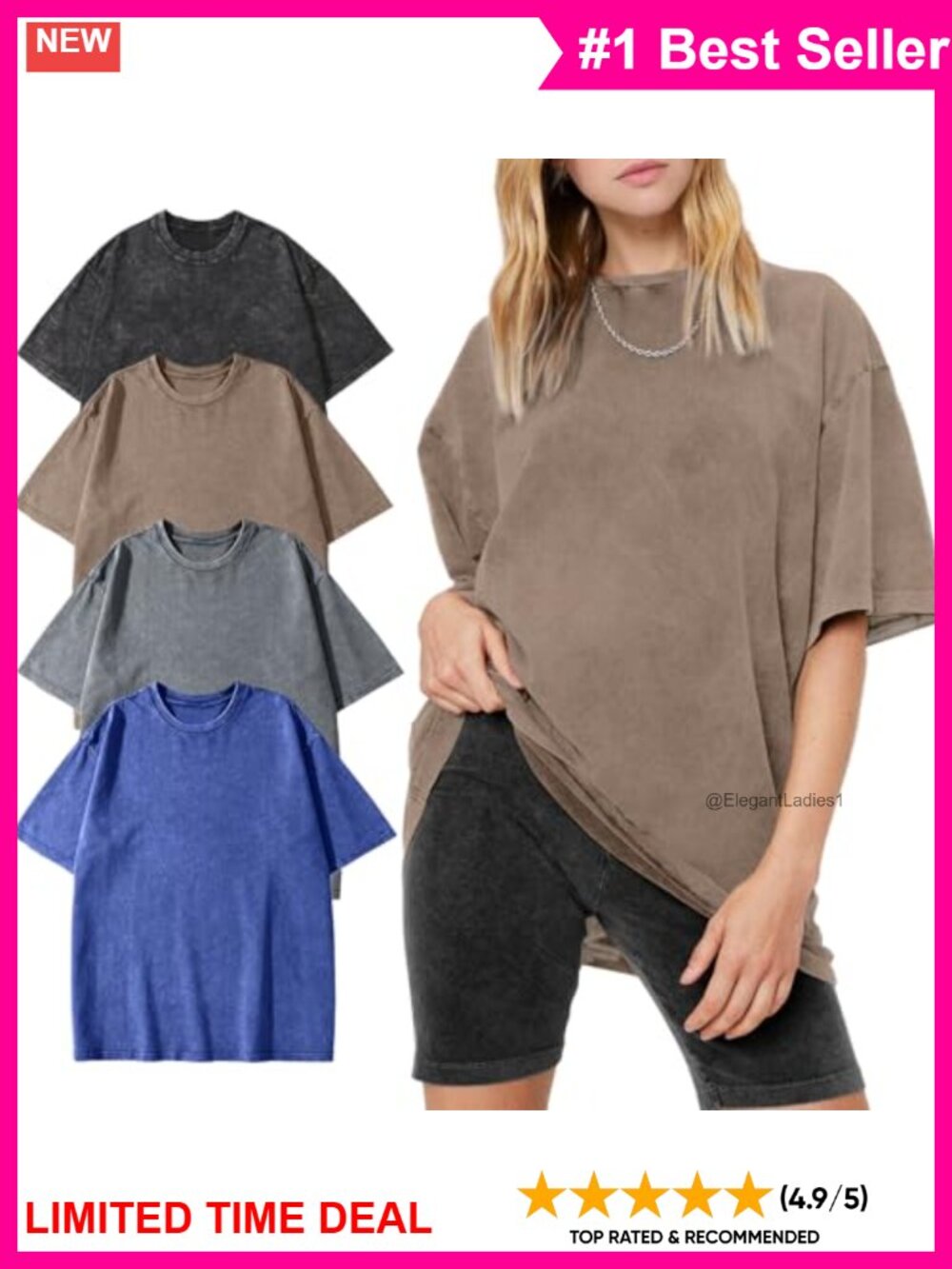Women Oversized Acid Washed Cotton T-Shirt Baggy Gym Tee Drop Shoulder